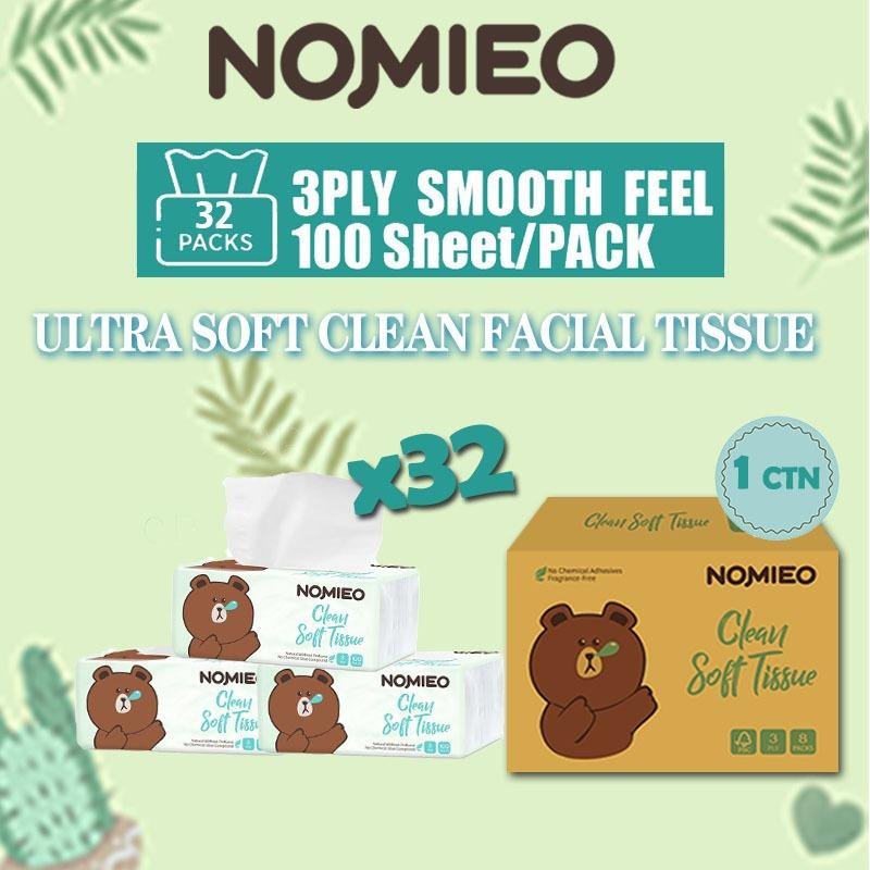 [ Bundle Sale ] NOMIEO Facial Tissue Paper 32 Packs, 100Sheets* 3PLY，130mmx 190mm